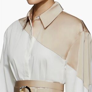 Two-Tone Cream and Beige Satin-Trim Mini Dress